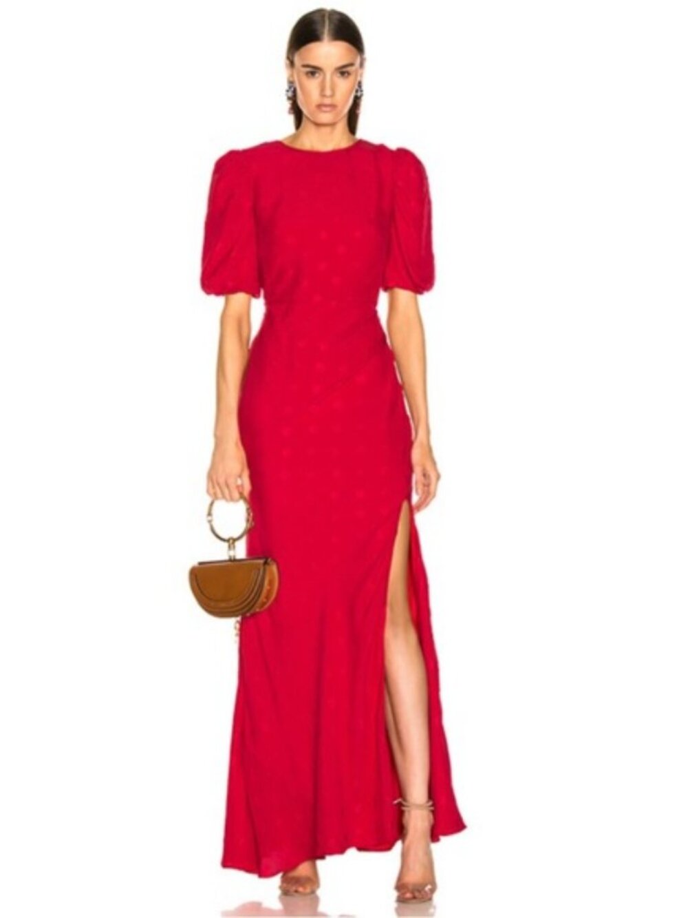 Saloni Red Occasion Maxi Dress | Puff Sleeve | Tonal Dot Texture | NWT | US 4